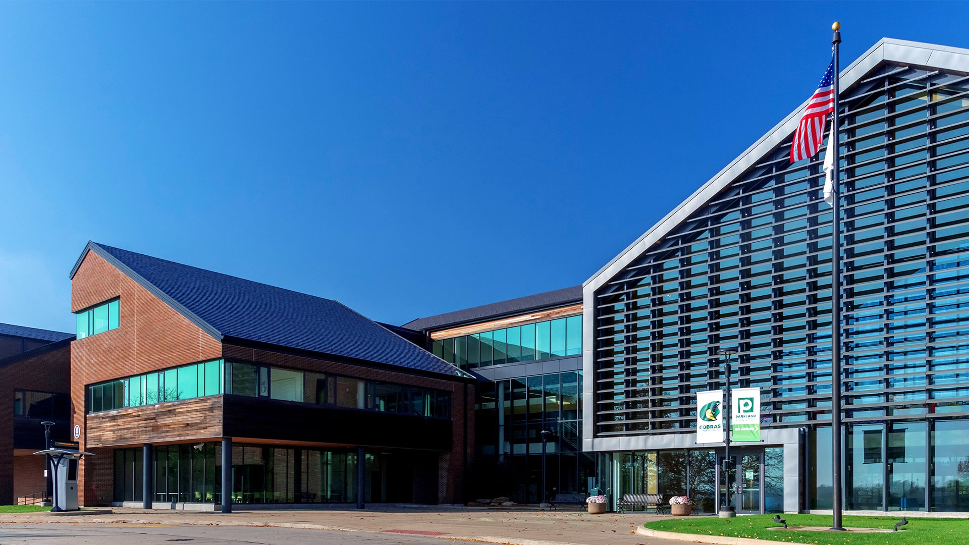 exterior of student union with blue sky